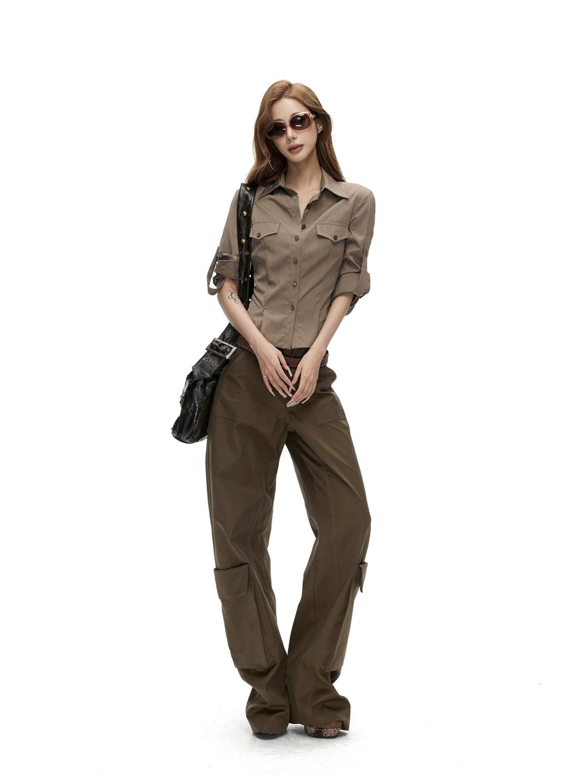 Fanptntox Retro Slim Fit Waist Cinched Long Sleeve Collared Pocket Women's Blouses