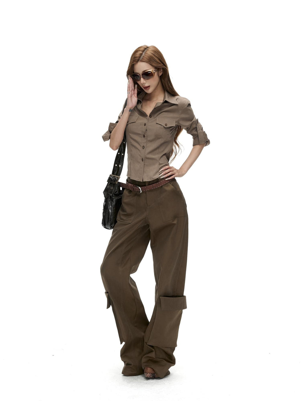 Fanptntox Retro Slim Fit Waist Cinched Long Sleeve Collared Pocket Women's Blouses
