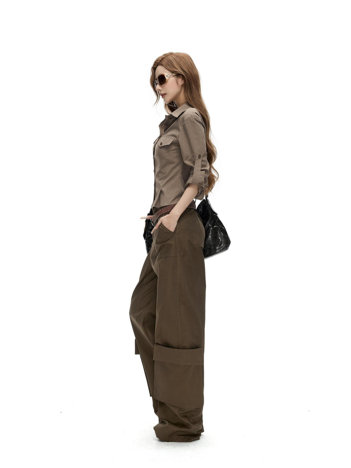 Fanptntox Retro Slim Fit Waist Cinched Long Sleeve Collared Pocket Women's Blouses