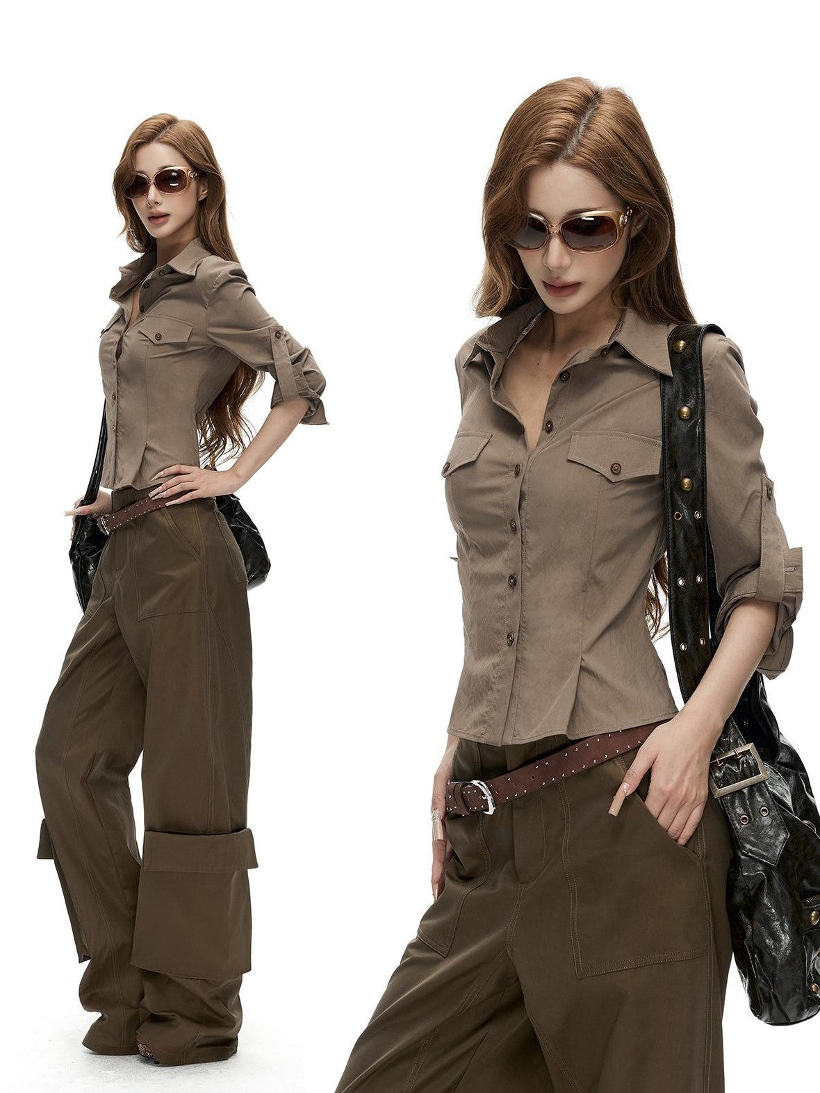 Fanptntox Retro Slim Fit Waist Cinched Long Sleeve Collared Pocket Women's Blouses
