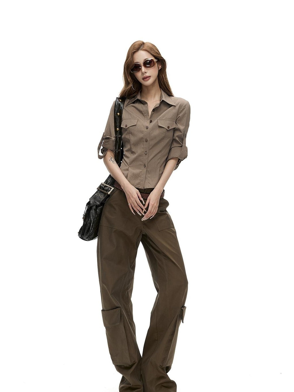 Fanptntox Retro Slim Fit Waist Cinched Long Sleeve Collared Pocket Women's Blouses