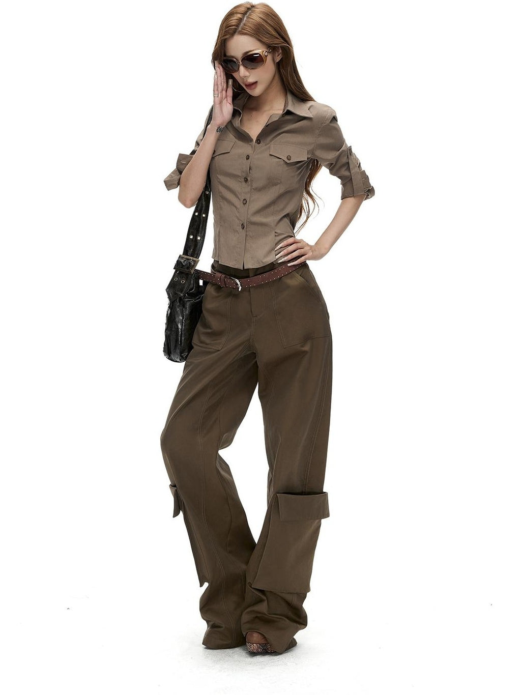 Fanptntox Retro Slim Fit Waist Cinched Long Sleeve Collared Pocket Women's Blouses