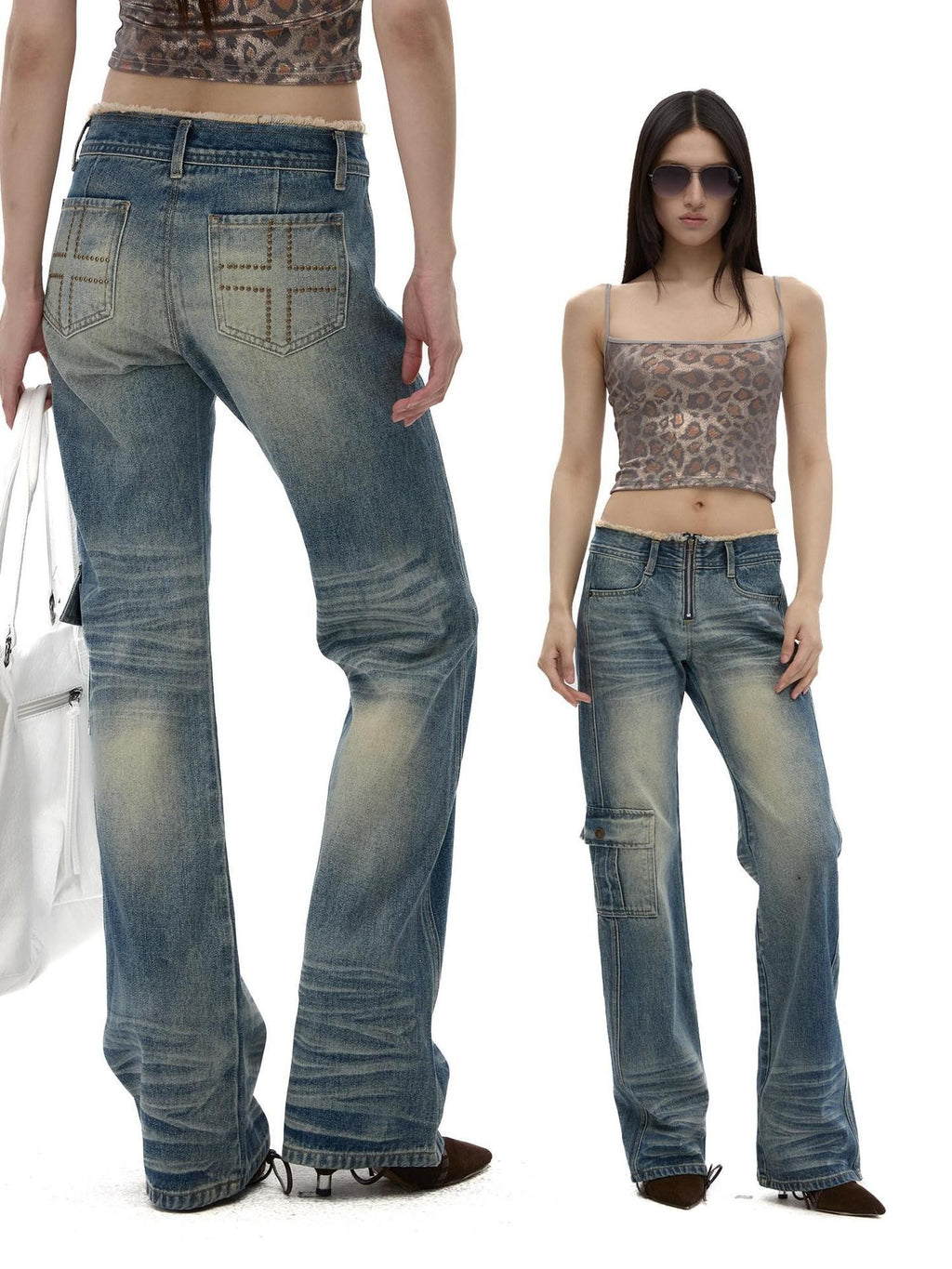 Fanptntox Retro Street Frayed Hem Washed Low Waist Women's Denim Straight-leg Jeans