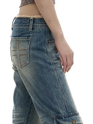 Fanptntox Retro Street Frayed Hem Washed Low Waist Women's Denim Straight-leg Jeans