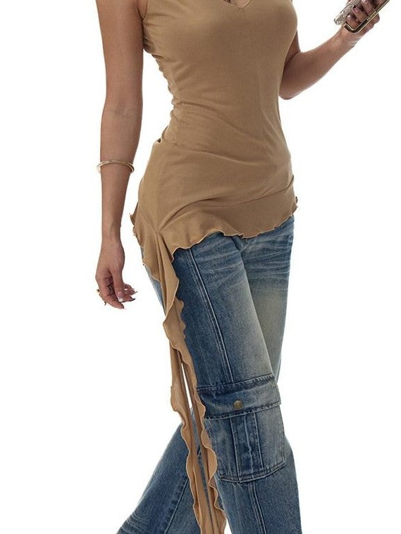 Fanptntox Retro Street Frayed Hem Washed Low Waist Women's Denim Straight-leg Jeans