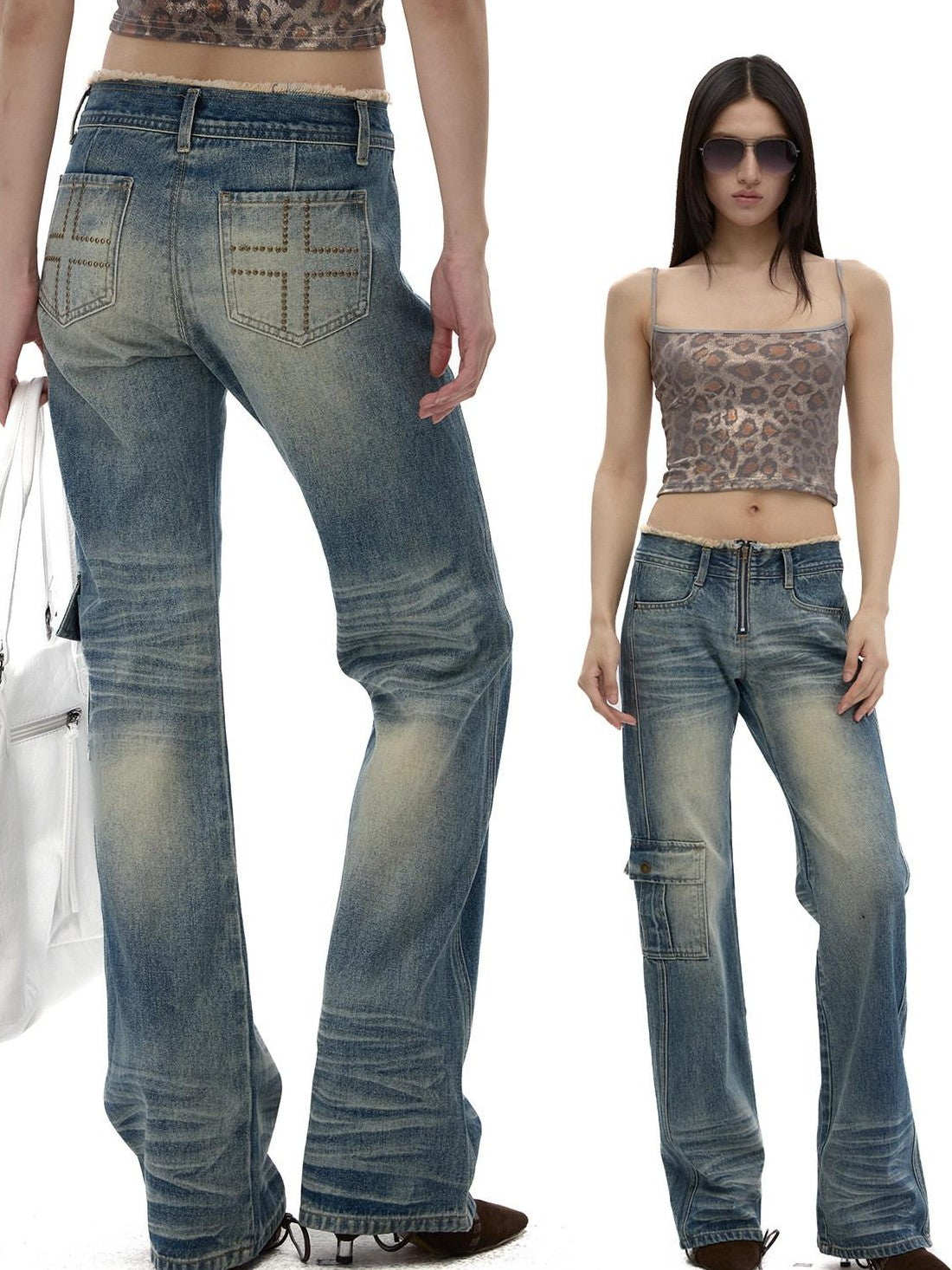 Fanptntox Retro Street Frayed Hem Washed Low Waist Women's Denim Straight-leg Jeans
