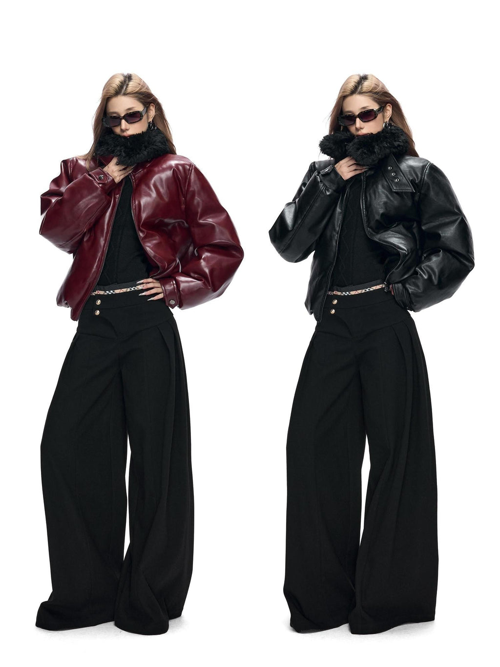 Fanptntox Retro Street Fur Collar Short Windproof Loose Women's Pu Leather Puffer Jackets