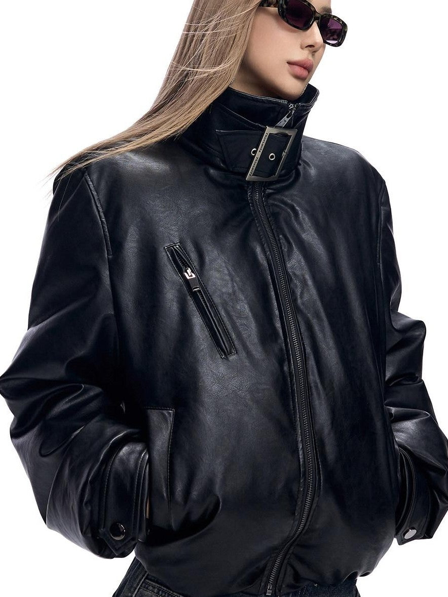 Fanptntox Retro Street Fur Collar Short Windproof Loose Women's Pu Leather Puffer Jackets