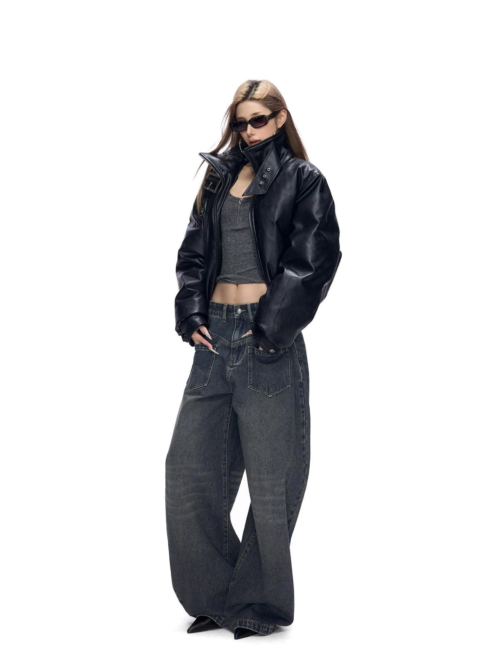 Fanptntox Retro Street Fur Collar Short Windproof Loose Women's Pu Leather Puffer Jackets