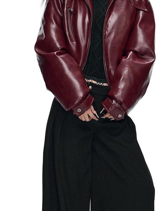 Fanptntox Retro Street Fur Collar Short Windproof Loose Women's Pu Leather Puffer Jackets