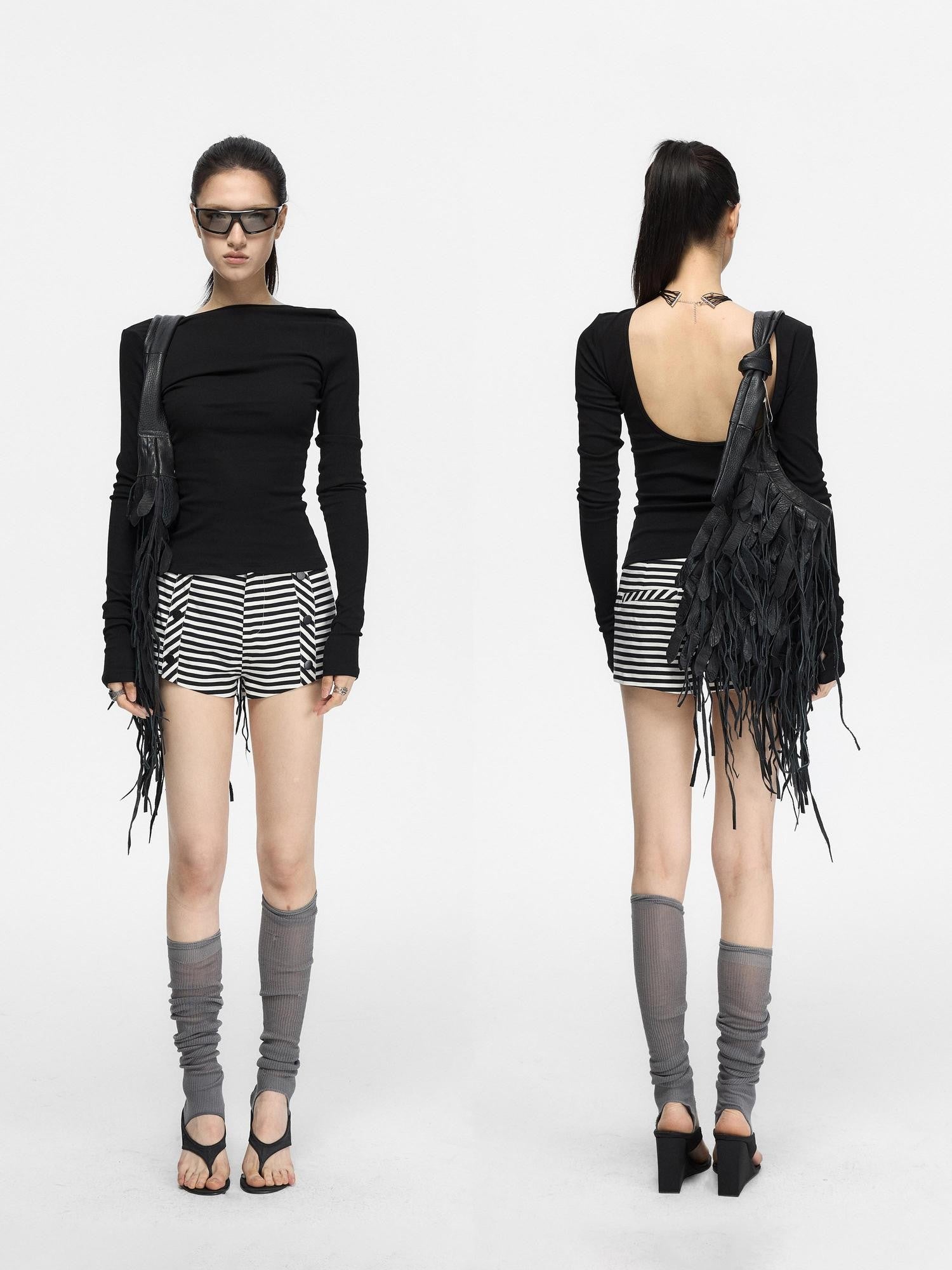 Fanptntox Reversible Colorblock U Neck Knit Women's Viscose Spandex Long Sleeve T-shirts