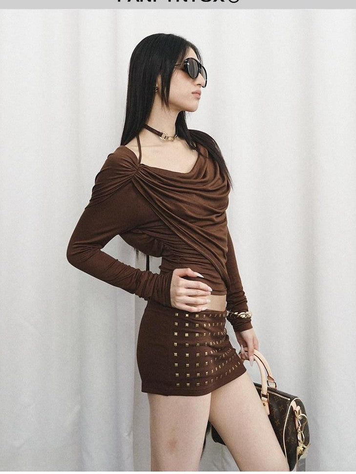 Fanptntox Rhinestone Slim Convertible Knit Drape Neck Women's Tencel Matching Skirt Sets