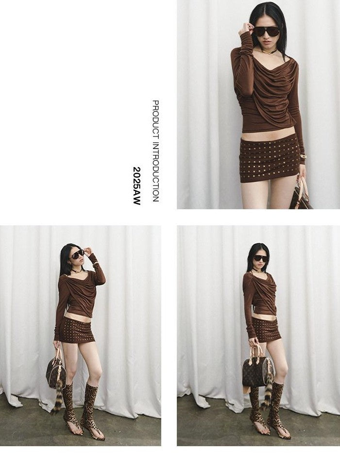 Fanptntox Rhinestone Slim Convertible Knit Drape Neck Women's Tencel Matching Skirt Sets