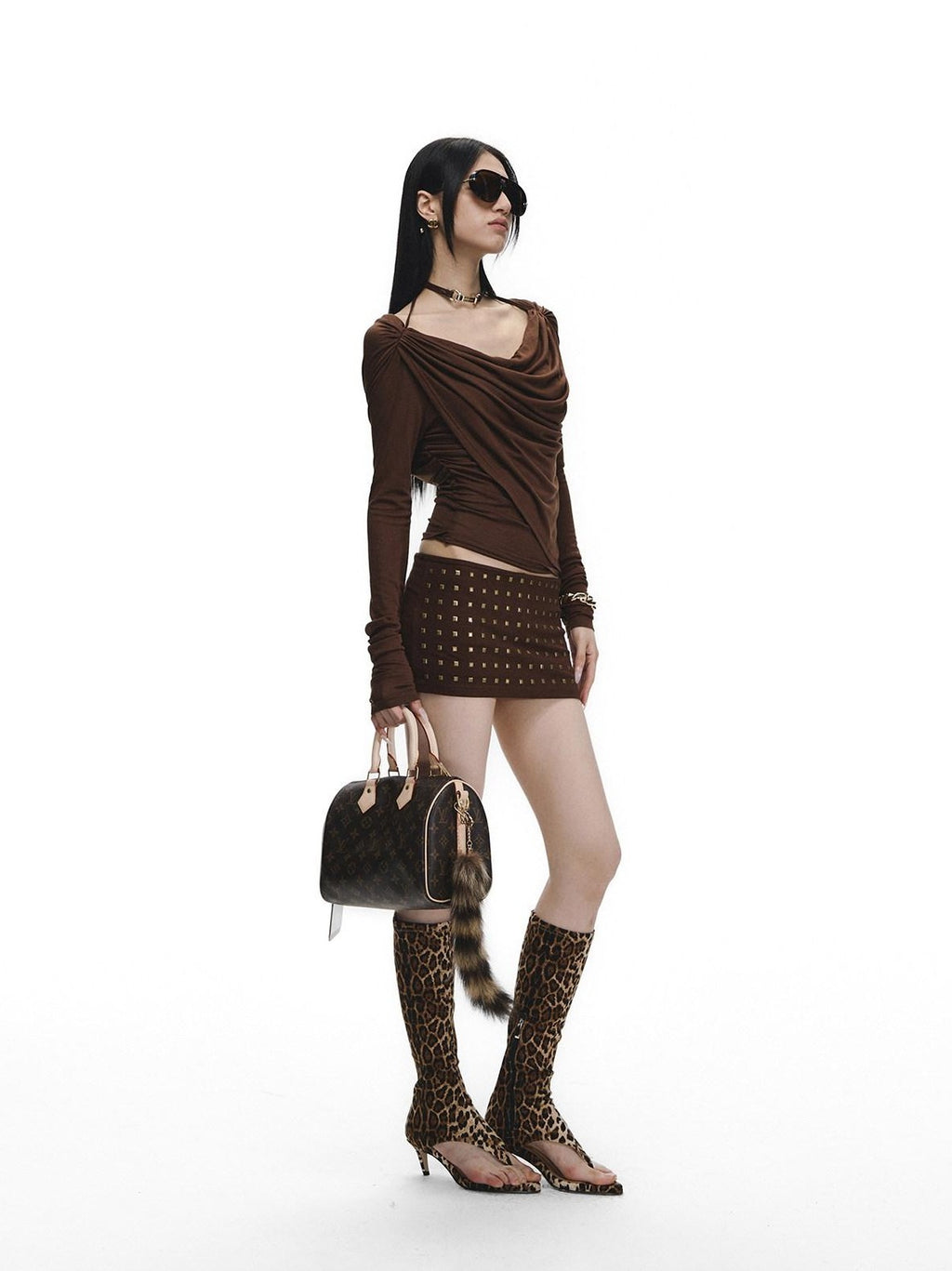 Fanptntox Rhinestone Slim Convertible Knit Drape Neck Women's Tencel Matching Skirt Sets