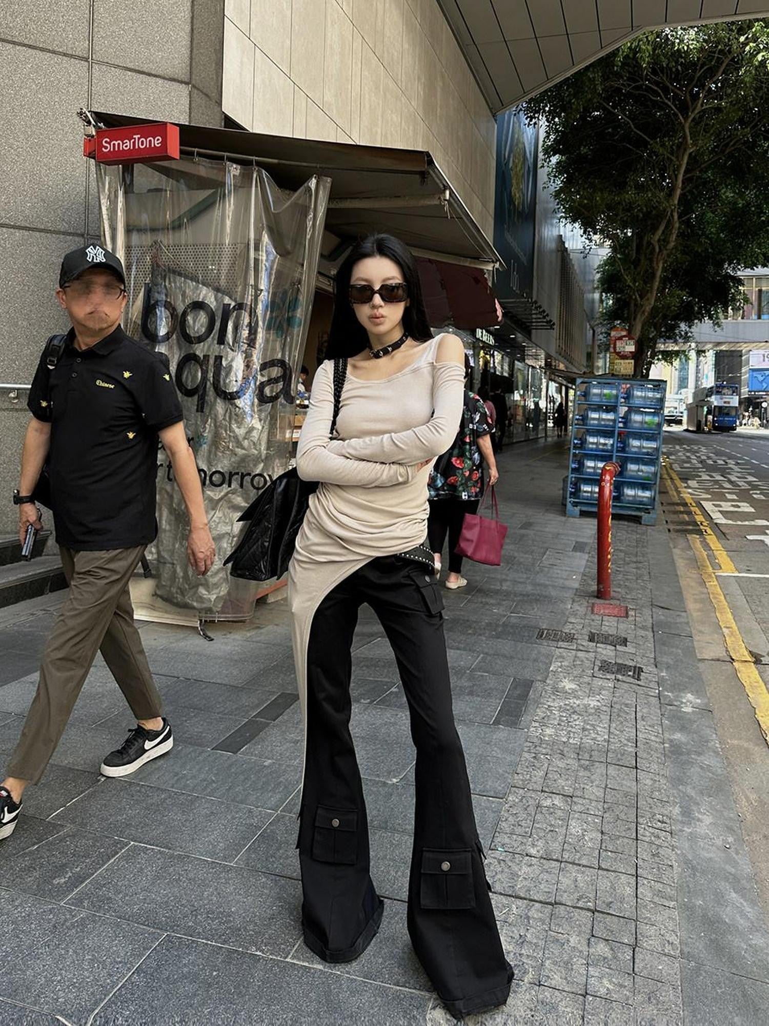 Fanptntox Ribbon Off Shoulder Solid Slim Fit Round Neck Women's Long Sleeve T-shirts
