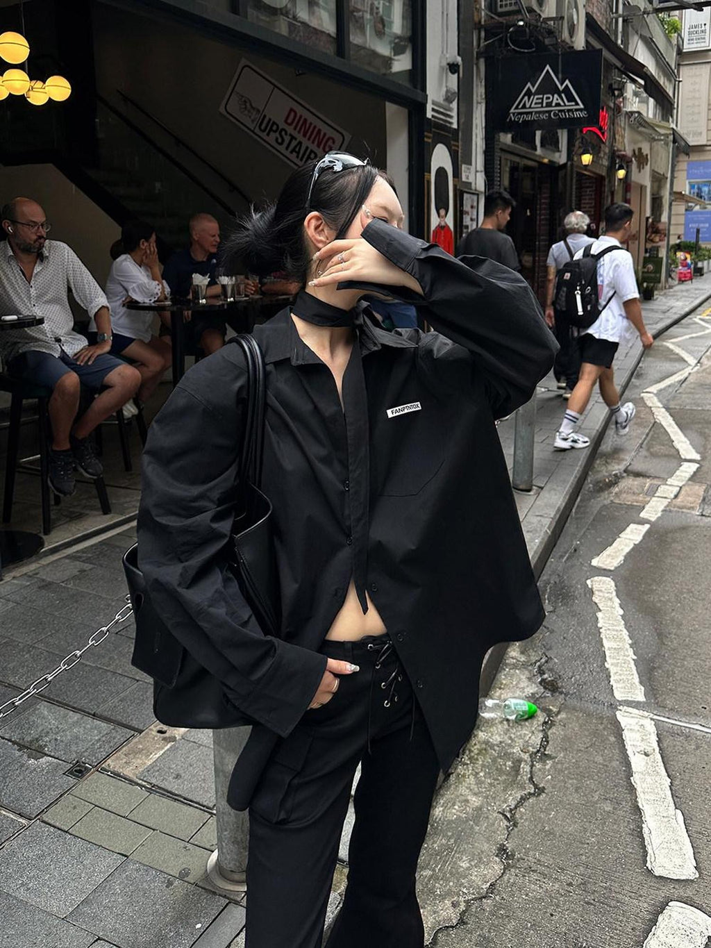 Fanptntox Ribbon Tie Boyfriend Polo Collar Women's Other Fabric Oversized Shirts