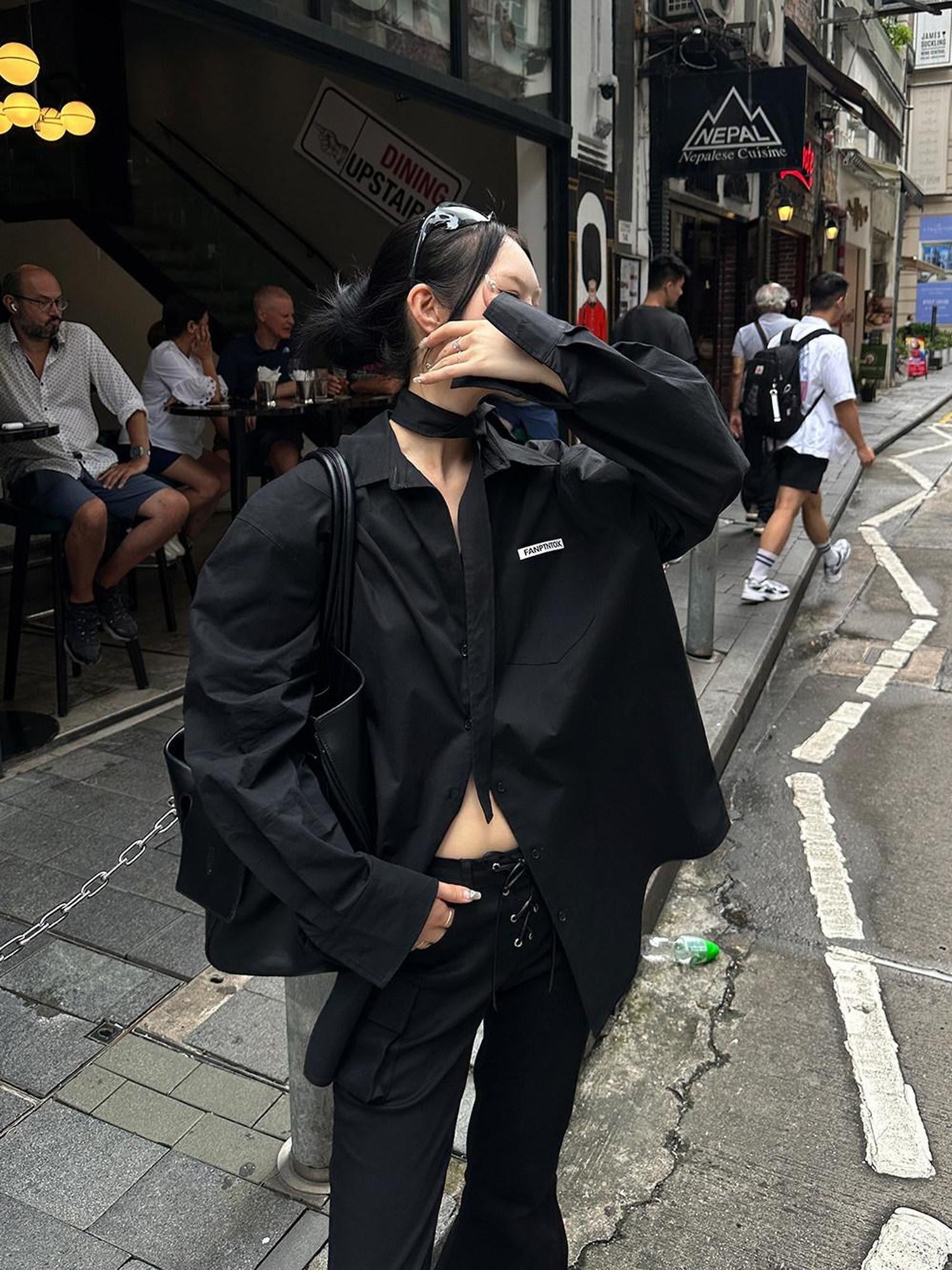 Fanptntox Ribbon Tie Boyfriend Polo Collar Women's Other Fabric Oversized Shirts