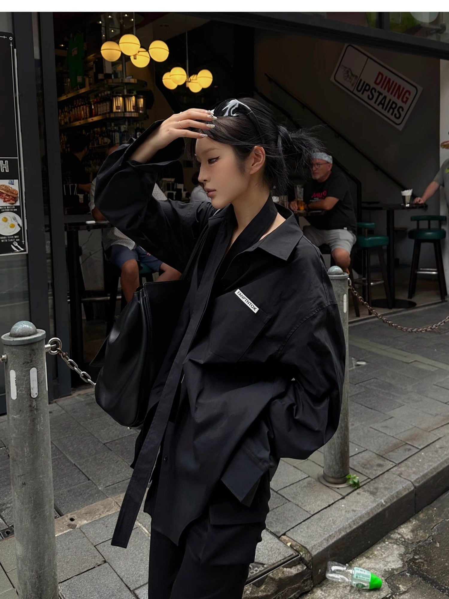 Fanptntox Ribbon Tie Boyfriend Polo Collar Women's Other Fabric Oversized Shirts