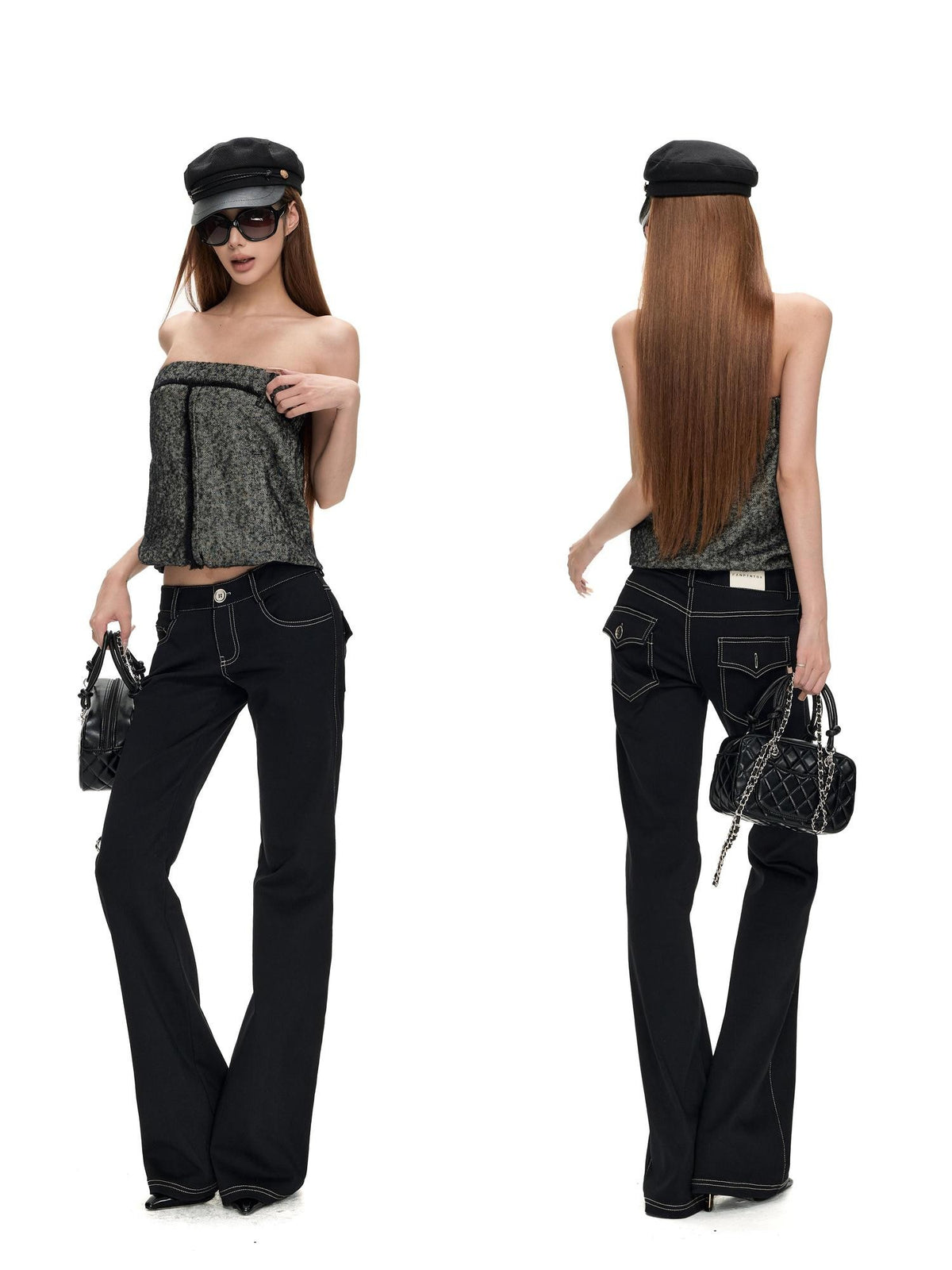 Fanptntox Ruched Color Block Cropped Slim Fit Wool Blend Women's Tube Tops