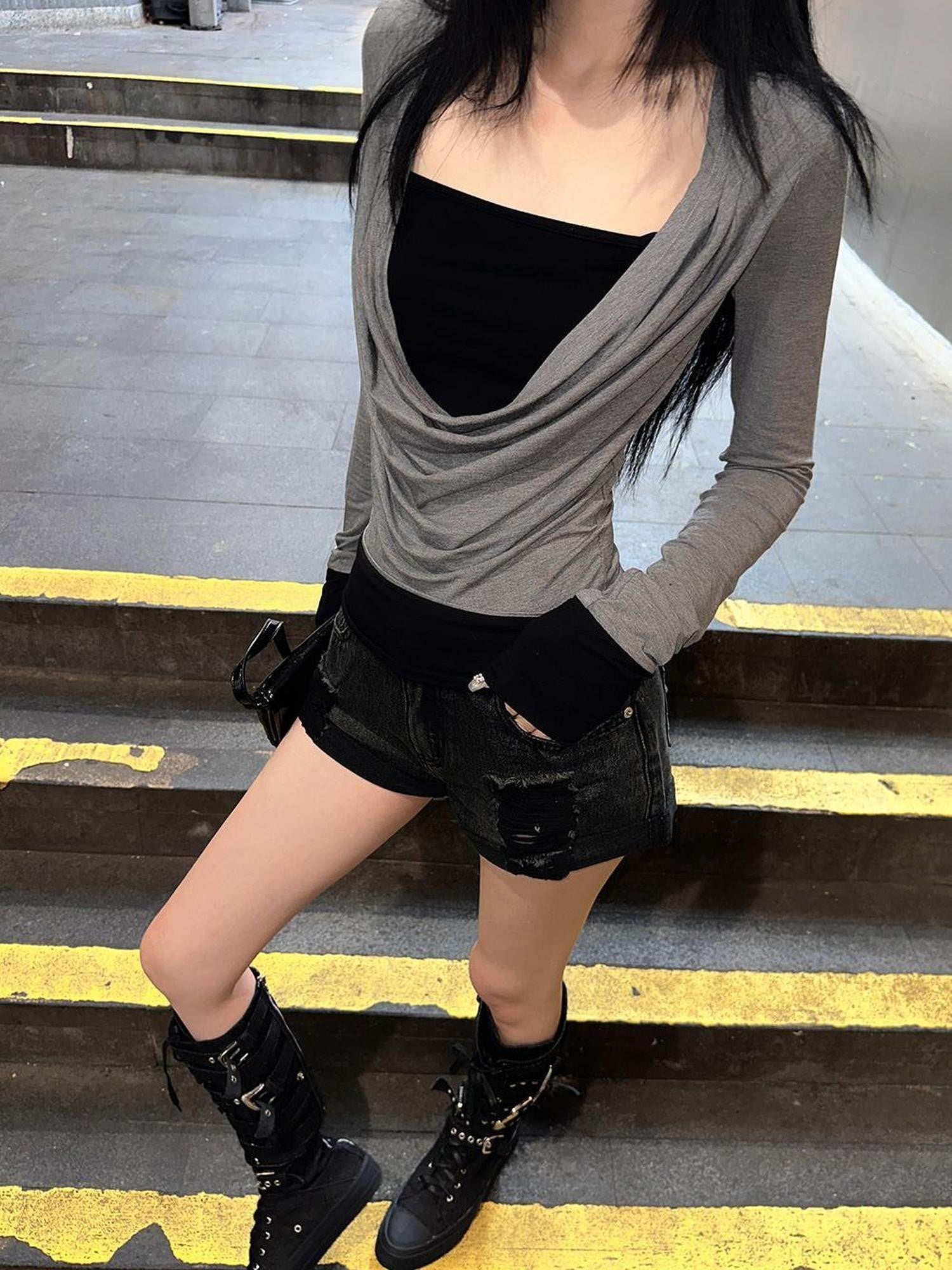 Fanptntox Ruched Contrast Faux Layered Square Neck Women's Long Sleeve T-shirts