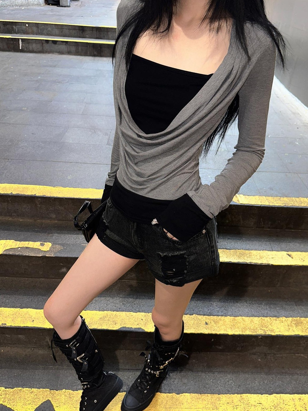 Fanptntox Ruched Contrast Faux Layered Square Neck Women's Long Sleeve T-shirts
