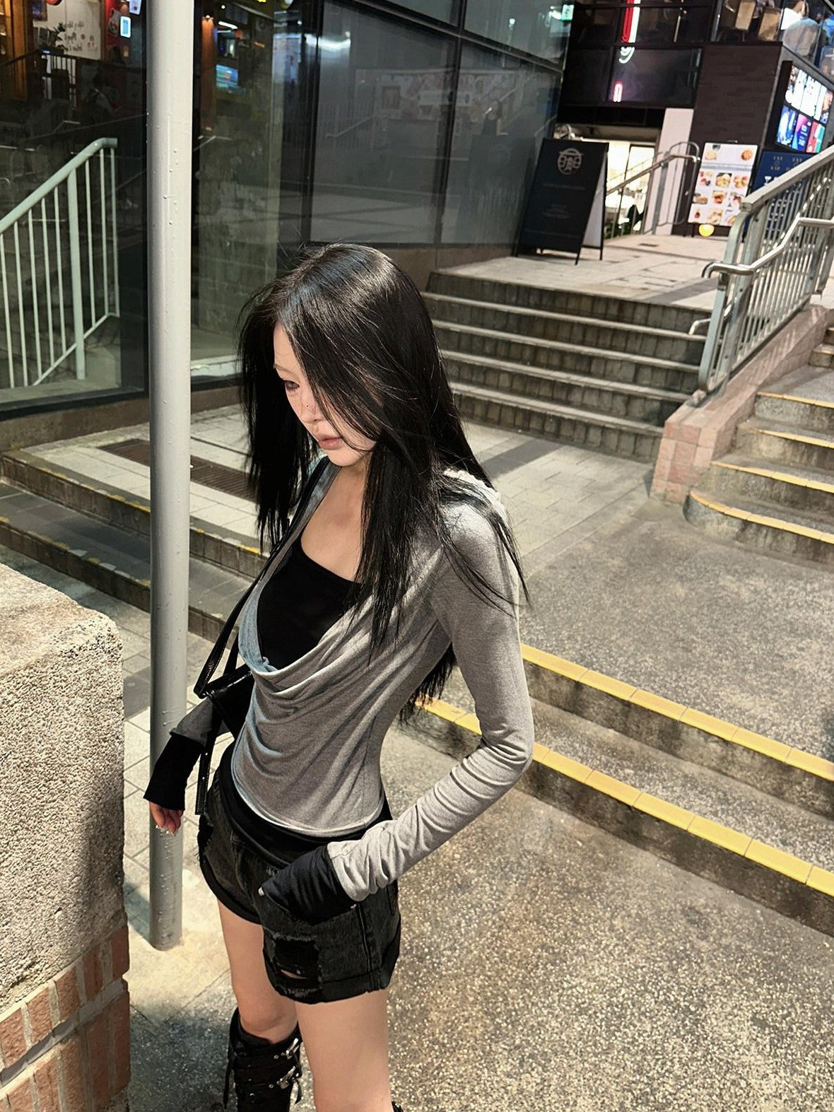Fanptntox Ruched Contrast Faux Layered Square Neck Women's Long Sleeve T-shirts