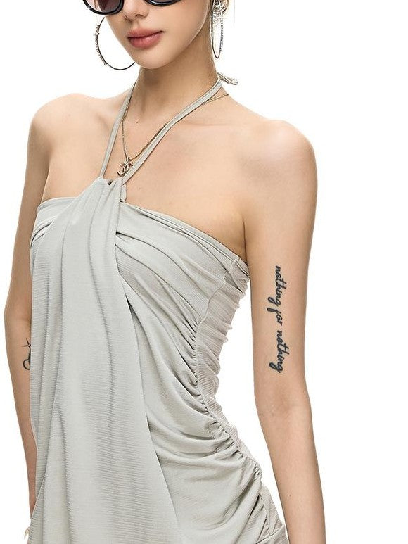 Fanptntox Ruched Strapless Backless Sleeveless Women's Nylon Bodycon Mini Dresses