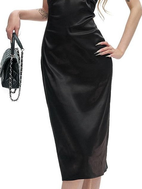 Fanptntox Satin Backless V-neck Fitted Women's Silk Halter Midi Dresses