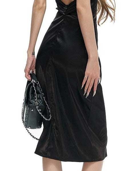 Fanptntox Satin Backless V-neck Fitted Women's Silk Halter Midi Dresses