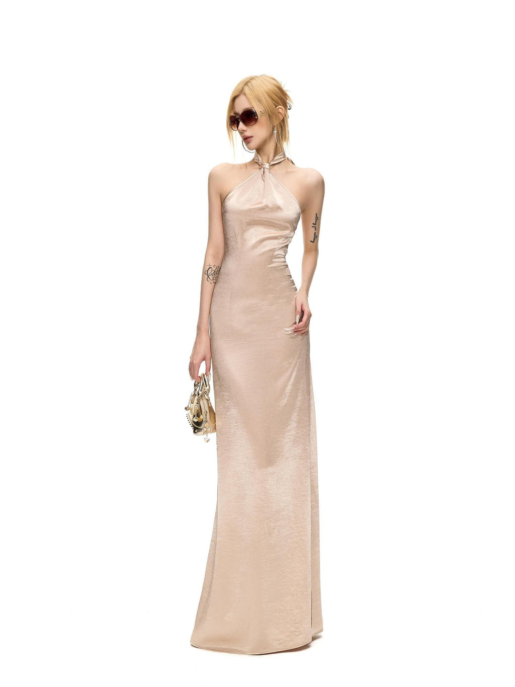 Fanptntox Satin Backless Waist Cinching Bodycon Women's Silk Halter Maxi Dresses