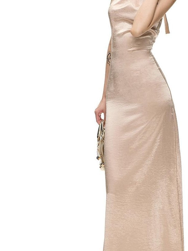 Fanptntox Satin Backless Waist Cinching Bodycon Women's Silk Halter Maxi Dresses