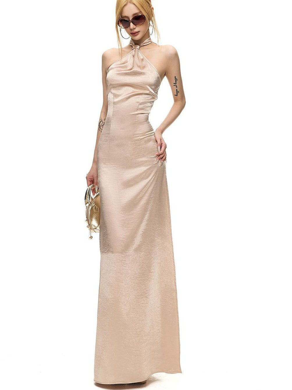 Fanptntox Satin Backless Waist Cinching Bodycon Women's Silk Halter Maxi Dresses