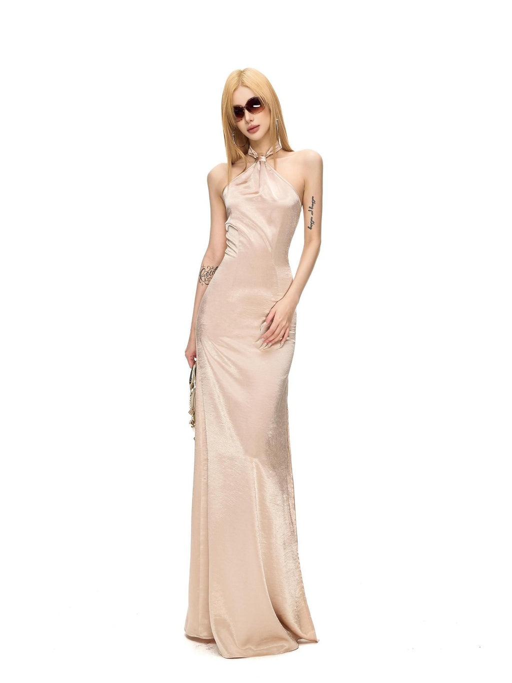 Fanptntox Satin Backless Waist Cinching Bodycon Women's Silk Halter Maxi Dresses