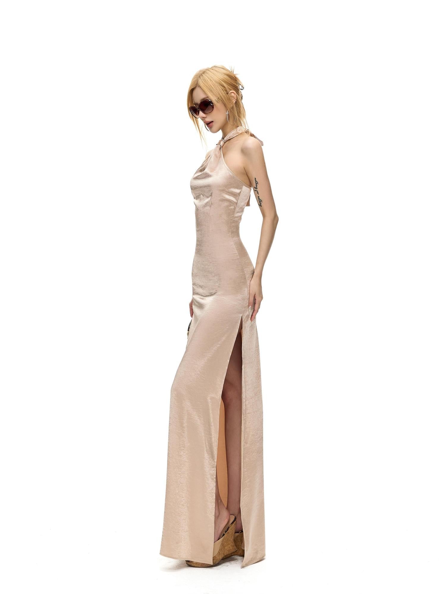 Fanptntox Satin Backless Waist Cinching Bodycon Women's Silk Halter Maxi Dresses