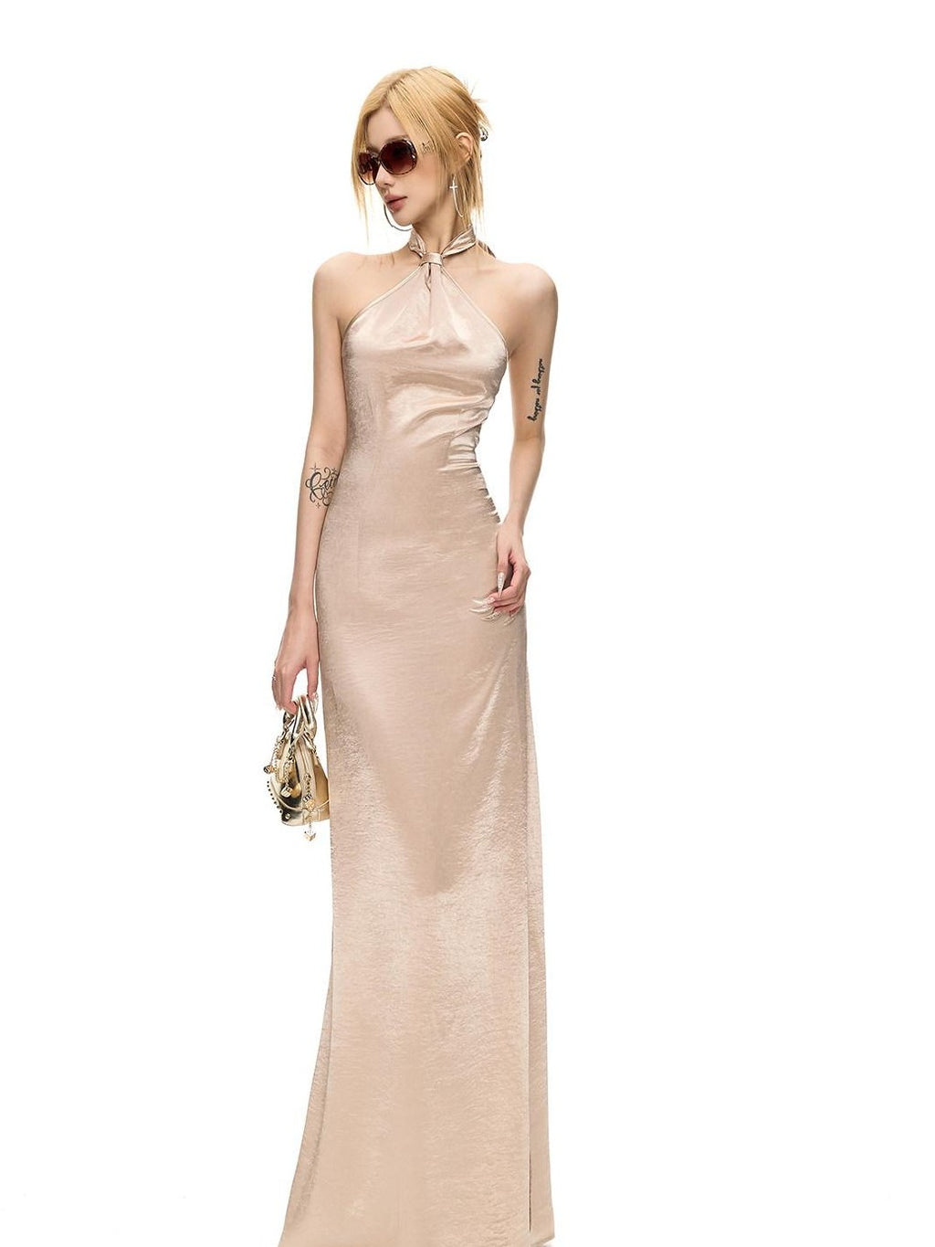 Fanptntox Satin Backless Waist Cinching Bodycon Women's Silk Halter Maxi Dresses