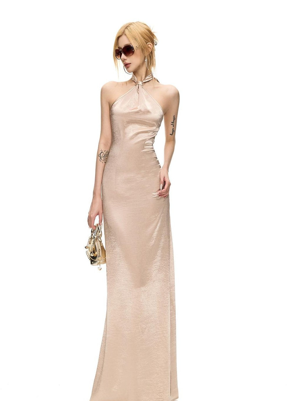 Fanptntox Satin Backless Waist Cinching Bodycon Women's Silk Halter Maxi Dresses