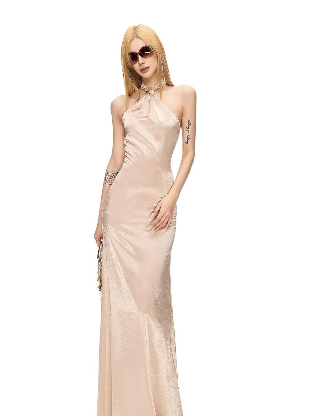Fanptntox Satin Backless Waist Cinching Bodycon Women's Silk Halter Maxi Dresses