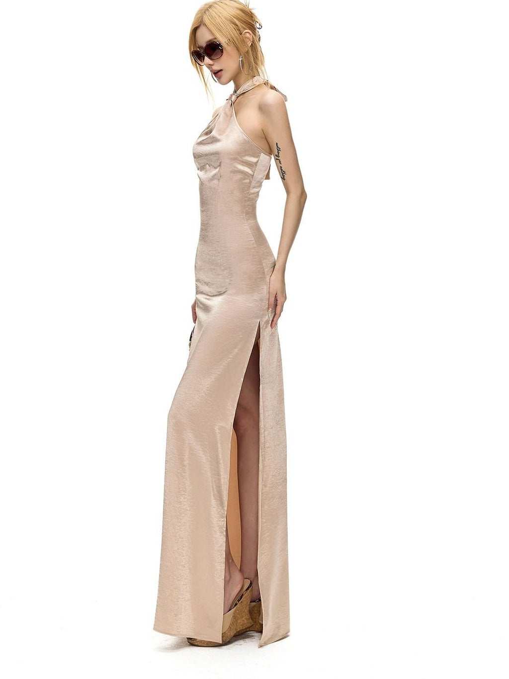 Fanptntox Satin Backless Waist Cinching Bodycon Women's Silk Halter Maxi Dresses
