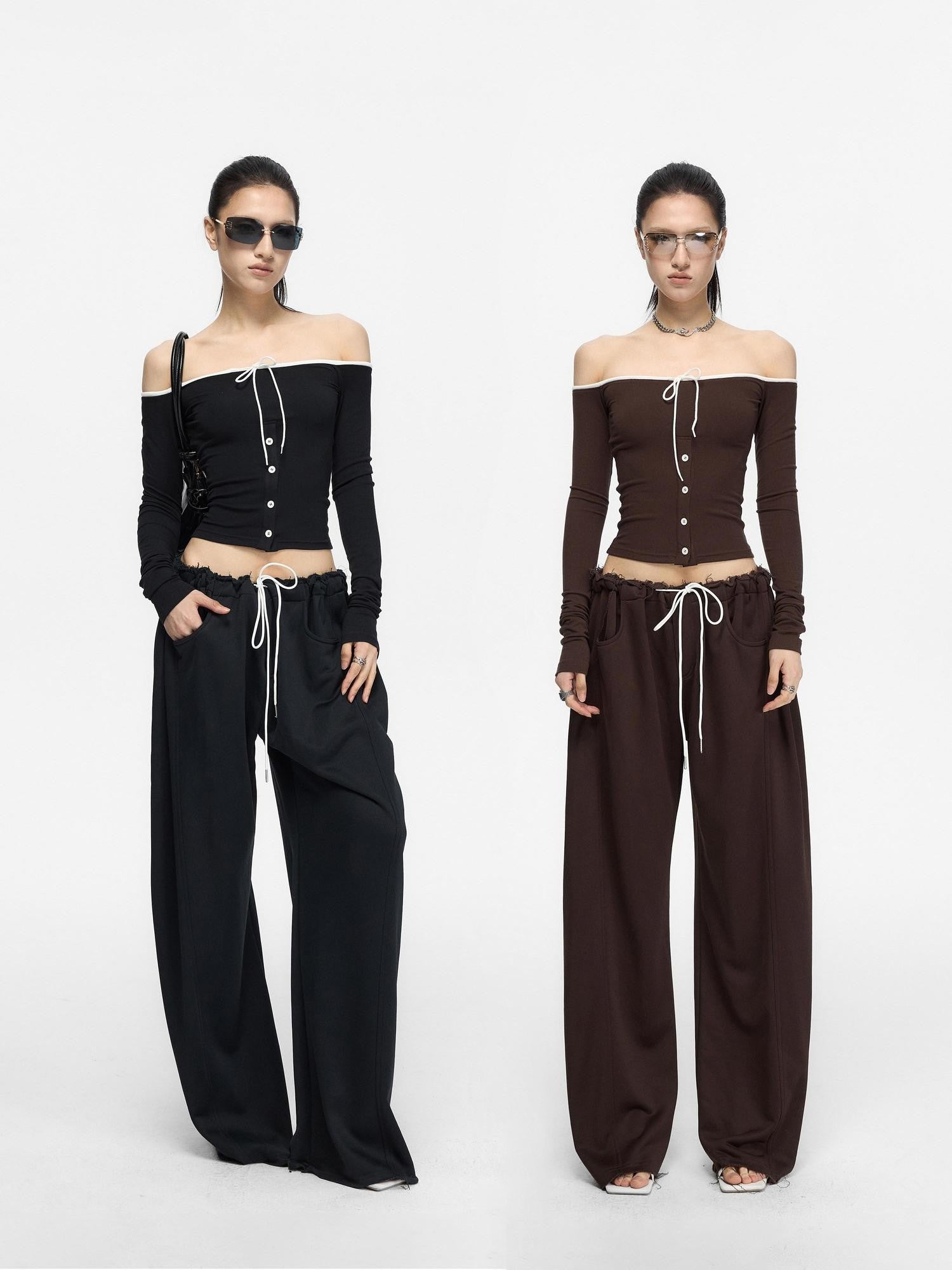 Fanptntox Satin Brushed Raw Hem Wide Leg Women's Viscose Drawstring Pants