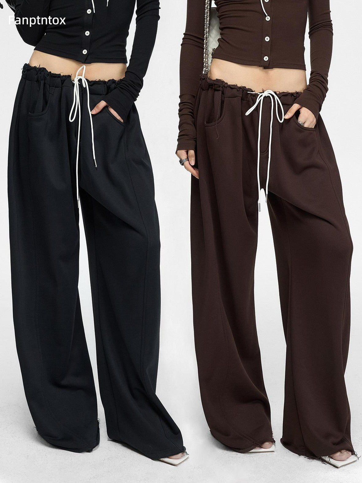 Fanptntox Satin Brushed Raw Hem Wide Leg Women's Viscose Drawstring Pants