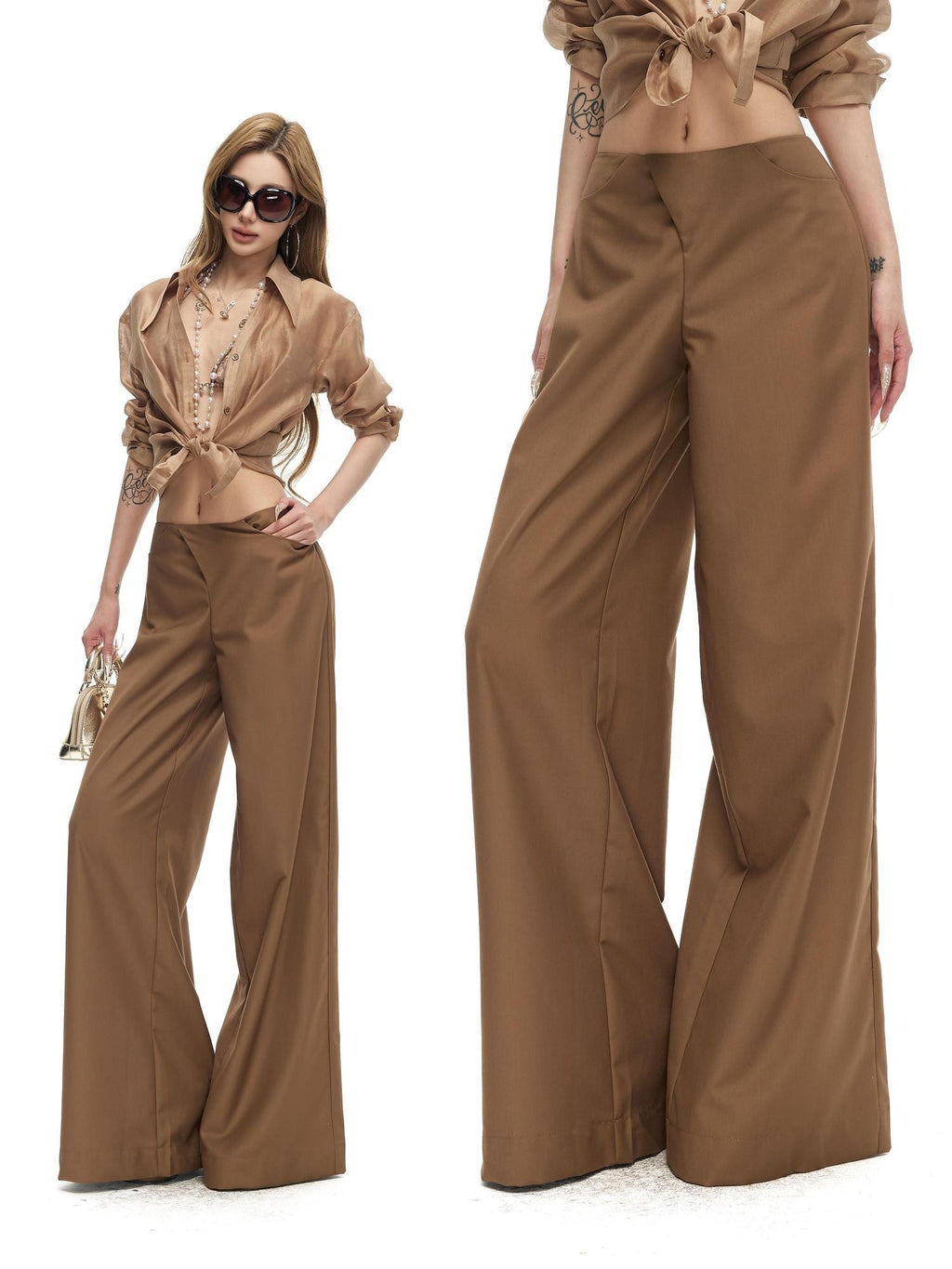 Fanptntox Satin Loose Straight Low Waist Women's Polyester Blend Wide-leg Pants