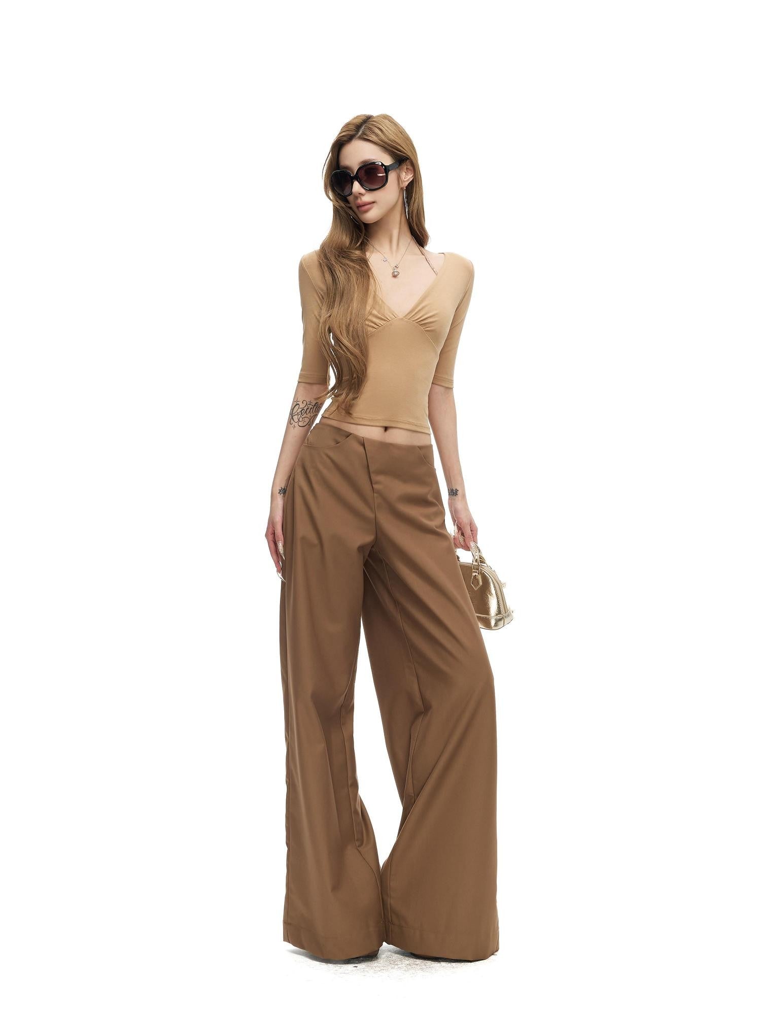 Fanptntox Satin Loose Straight Low Waist Women's Polyester Blend Wide-leg Pants