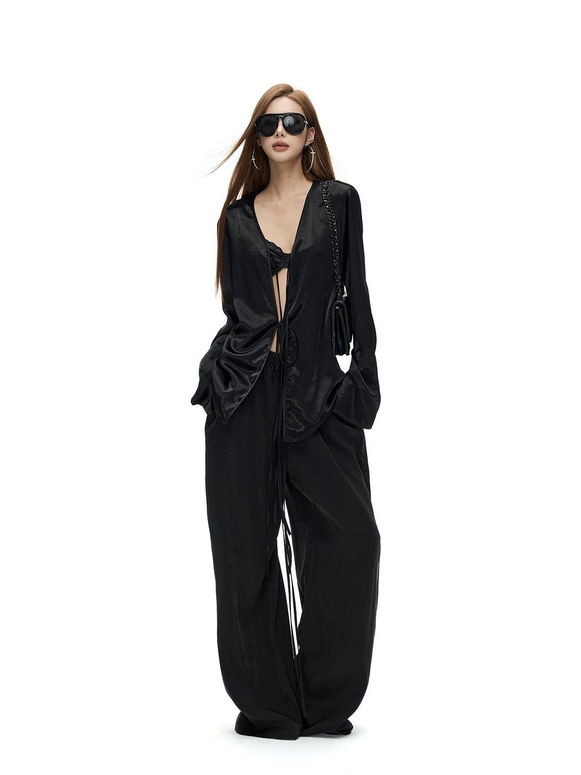 Fanptntox Satin Low Waist Drawstring Straight Women's Modal Wide-leg Pants