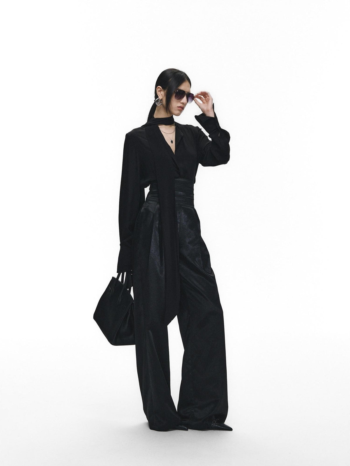Fanptntox Satin Ribbon Blazer Lapel Straight Women's Viscose Casual Top & Pants Sets