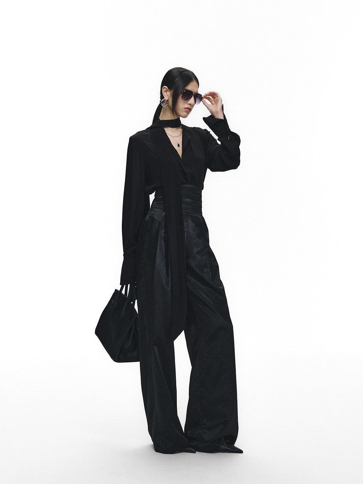 Fanptntox Satin Ribbon Blazer Lapel Straight Women's Viscose Casual Top & Pants Sets