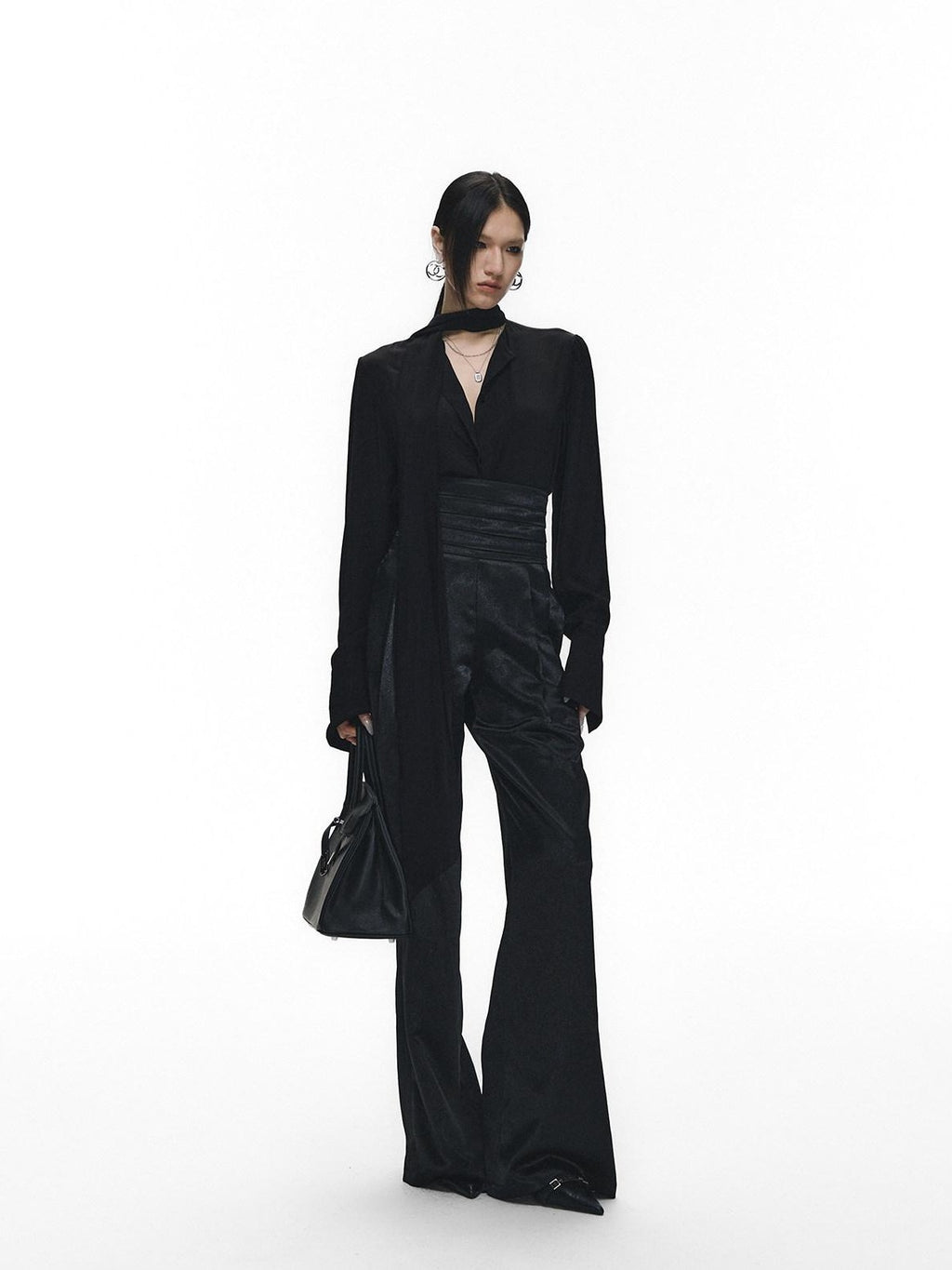 Fanptntox Satin Ribbon Blazer Lapel Straight Women's Viscose Casual Top & Pants Sets