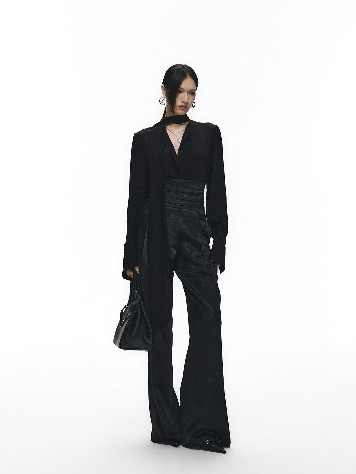 Fanptntox Satin Ribbon Blazer Lapel Straight Women's Viscose Casual Top & Pants Sets