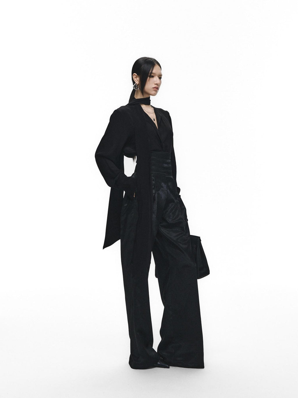 Fanptntox Satin Ribbon Blazer Lapel Straight Women's Viscose Casual Top & Pants Sets