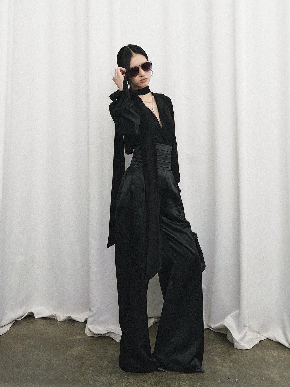 Fanptntox Satin Ribbon Blazer Lapel Straight Women's Viscose Casual Top & Pants Sets