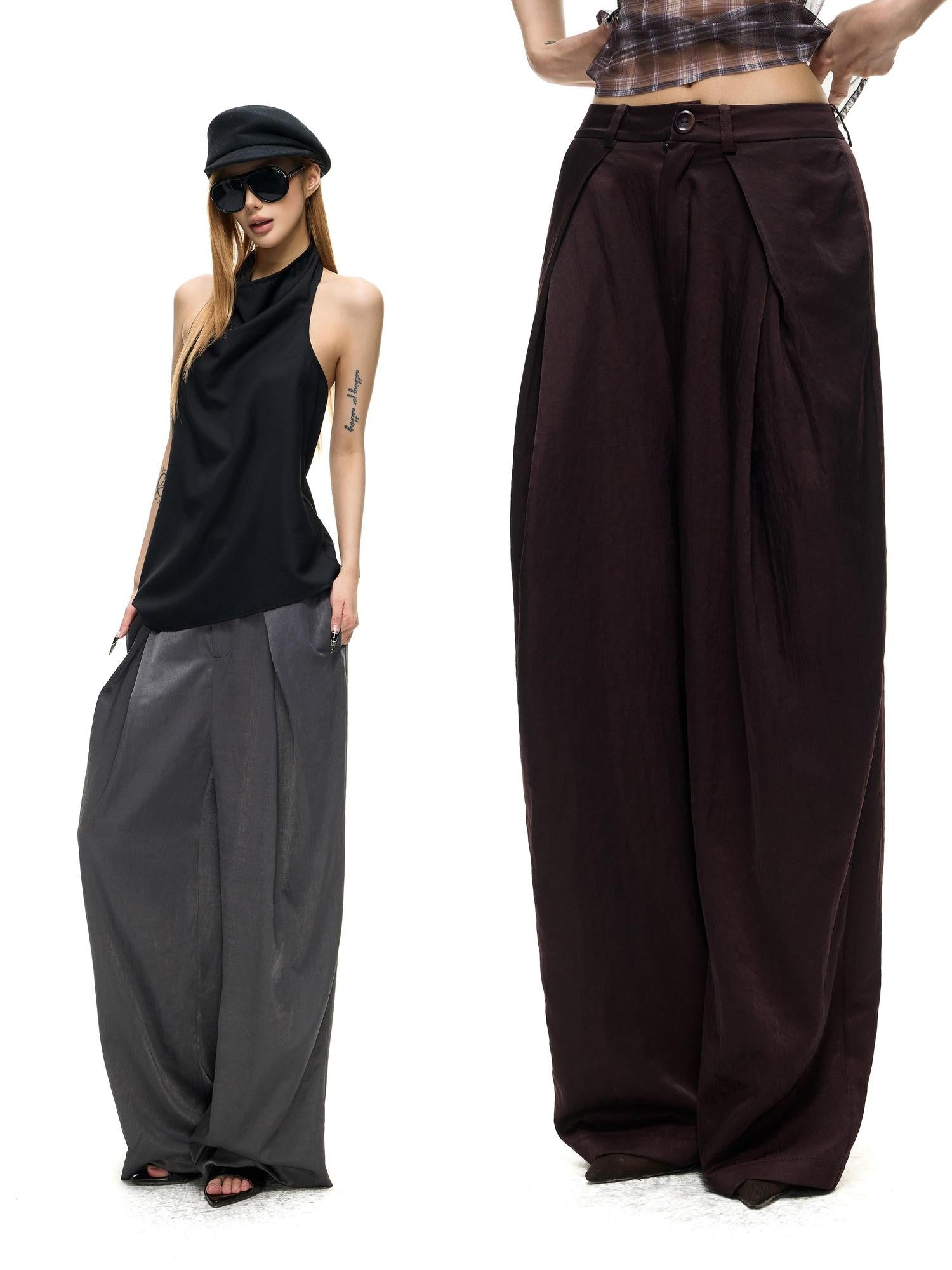 Fanptntox Sculptural I Pleat Faux Acetate Drape Women's Polyester Viscose Wide-leg Pants